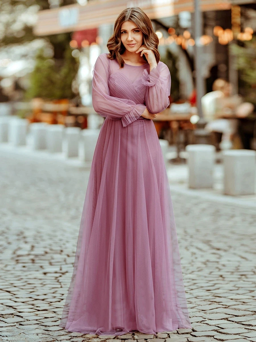 

Elegant Floor Length Tulle Wholesale Bridesmaid Dress With Long Sleeve