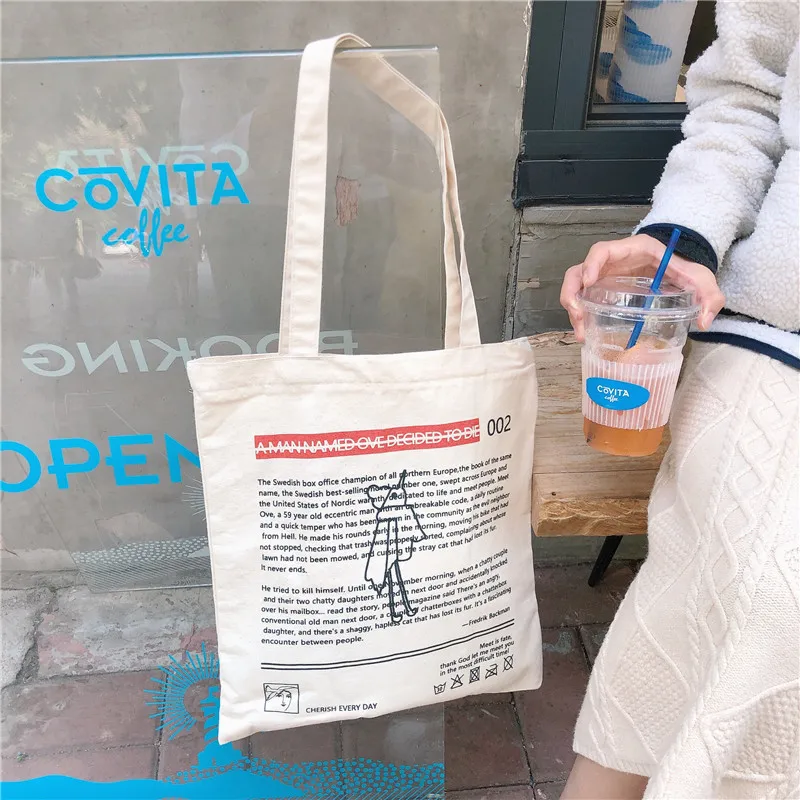 Натуральная хлопковая холщовая эко хозяйственная сумка на плечо с принтом английских букв птица SBB