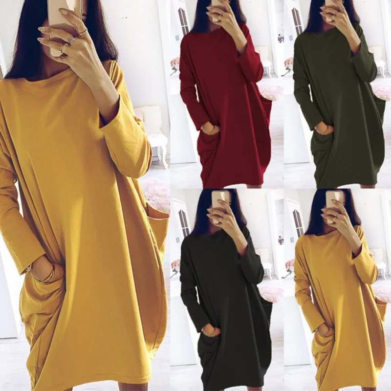 

Fall Winter Woman Dress Loose Casual O Neck Solid Color Long Sleeve Dress Fashion Vintage Oversize Pockets Dresses For Women