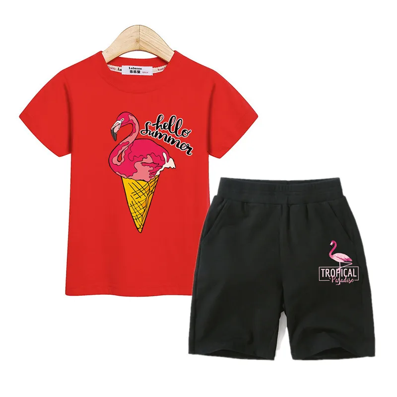 

Flamingo Funny Design Costume Girl T-shirt Tops Tees 2pc Set Short Sleeve 100% Cotton Costume Baby Girl Summer Outfits Suit