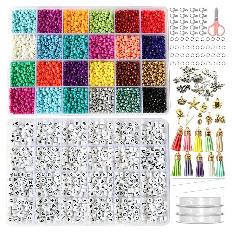 

6000Pcs 4mm Glass Seed Small Pony Beads 1200Pcs Letter Alphabet Bead Craft and Art Kit Set for DIY for Girls Kids Promotion