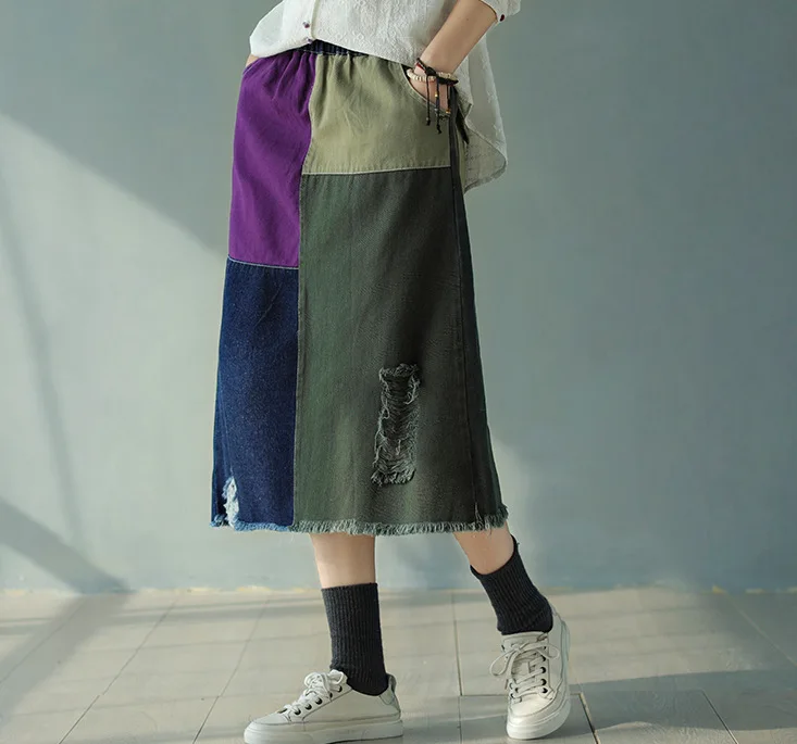 Весенние джинсовые юбки в стиле ретро женские Цветные Лоскутные с дырками и