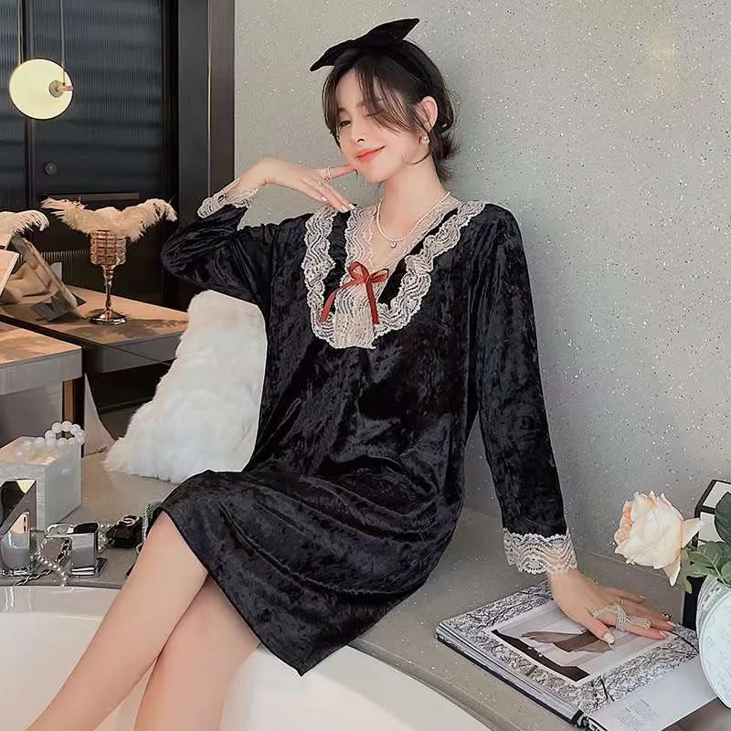 

Autumn Winter Velour Nightdress Women's Sweet Lace Bow V-Neck Nightgown Retro Pijamas Casual Home Dress Loose Sleepwear