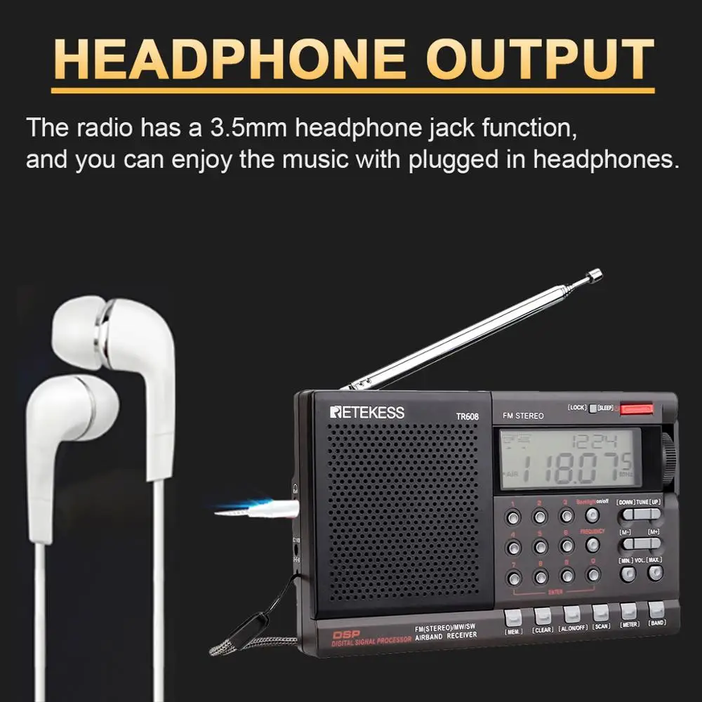 Портативный цифровой радиодинамик Retekess TR608 FM / MW/ SW Air с ЖК дисплеем будильником и
