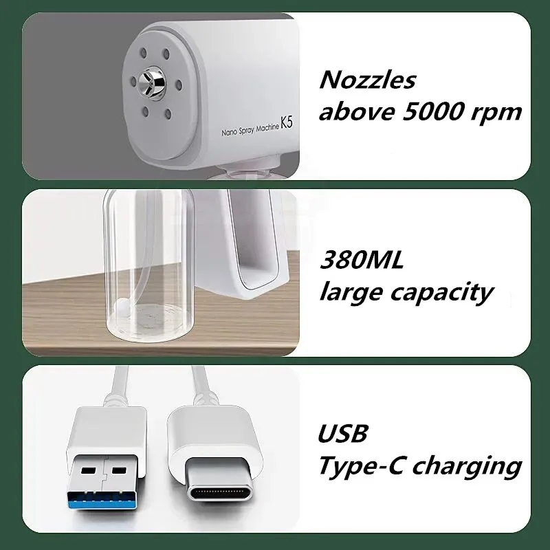 K5 Nano Spray Gun Sanitizer Sprayer USB Rechargeable Handheld Atomization Disinfection for Home Household Garden Supplies | Дом и сад