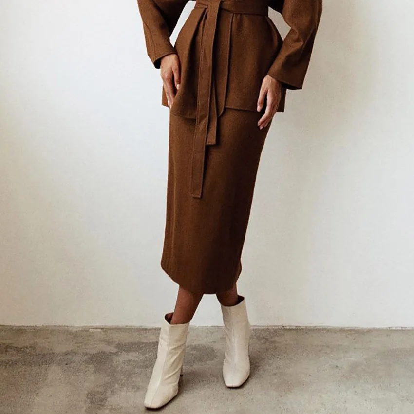 

Winter New Arrivals Lace-Up Woolen Elegant Woman Jackets Basic Long Sleeve Blazer Fall 2020 Solid Casual Office Ladies Wrap Suit