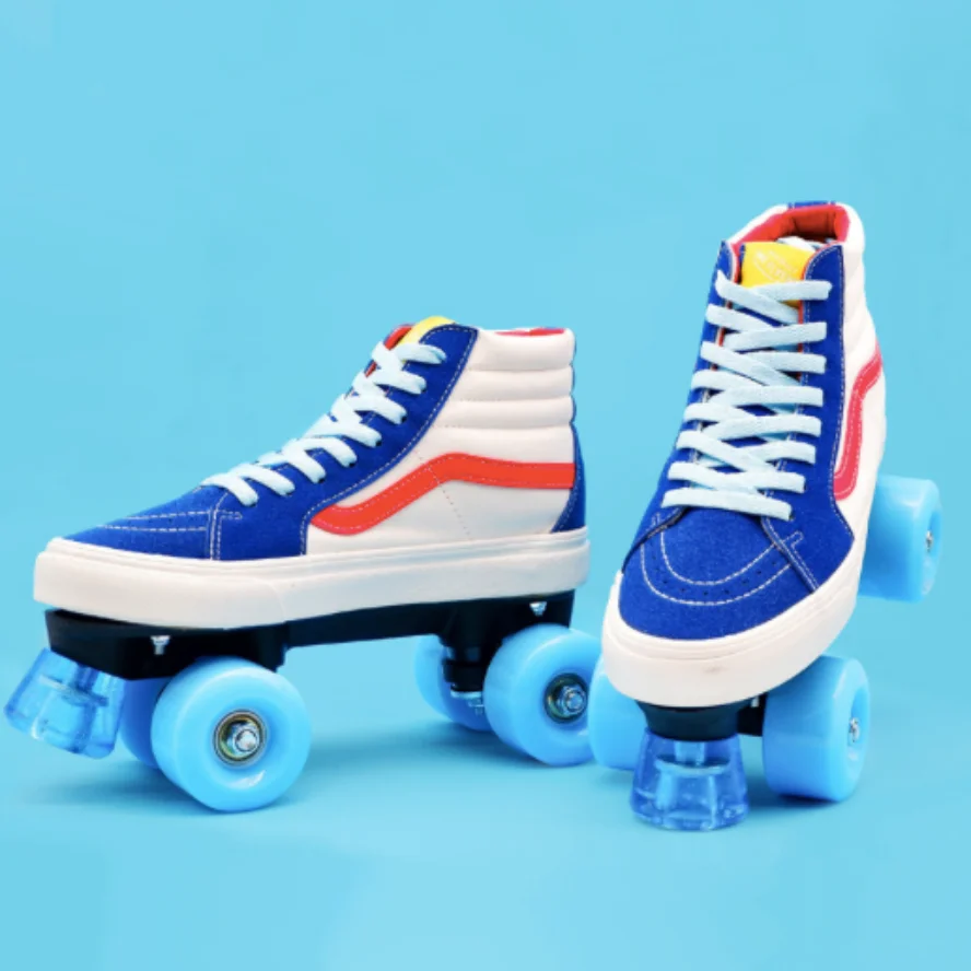 Men and women adult double row slide shoes blue white four-wheeled flash slip shoes hair wheel double coil skates color wheel