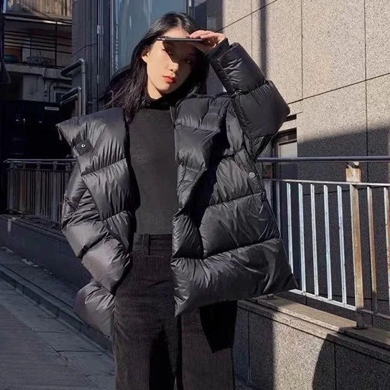 

Hooded down jacket women 2020 winter new style concealed buckle 90% white duck down warm solid color soft jacket blouse