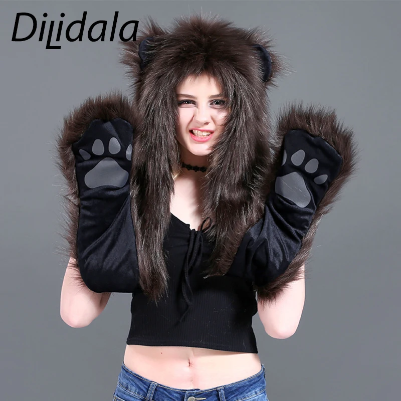 Dilidala шапка шарф для женщин полный мех животных зимняя теплая худи перчатки