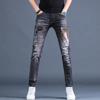 2021 stylish high quality men%e2%80%99s elastic washed denim printed jeans light luxury slim fit casual jeansyoung boys must