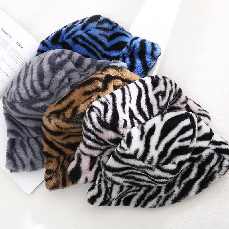 Панама женская из искусственного меха теплая плюшевая шапка с принтом зебры для
