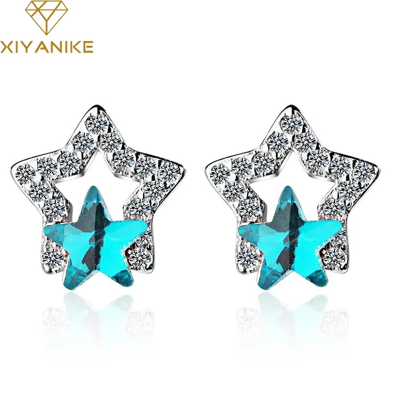 XIYANIKE 925 Sterling Silver Trendy Simple Blue Pentagonal Star Crystal Stud Earrings Jewelry For Women Couple Party Gift | Украшения и