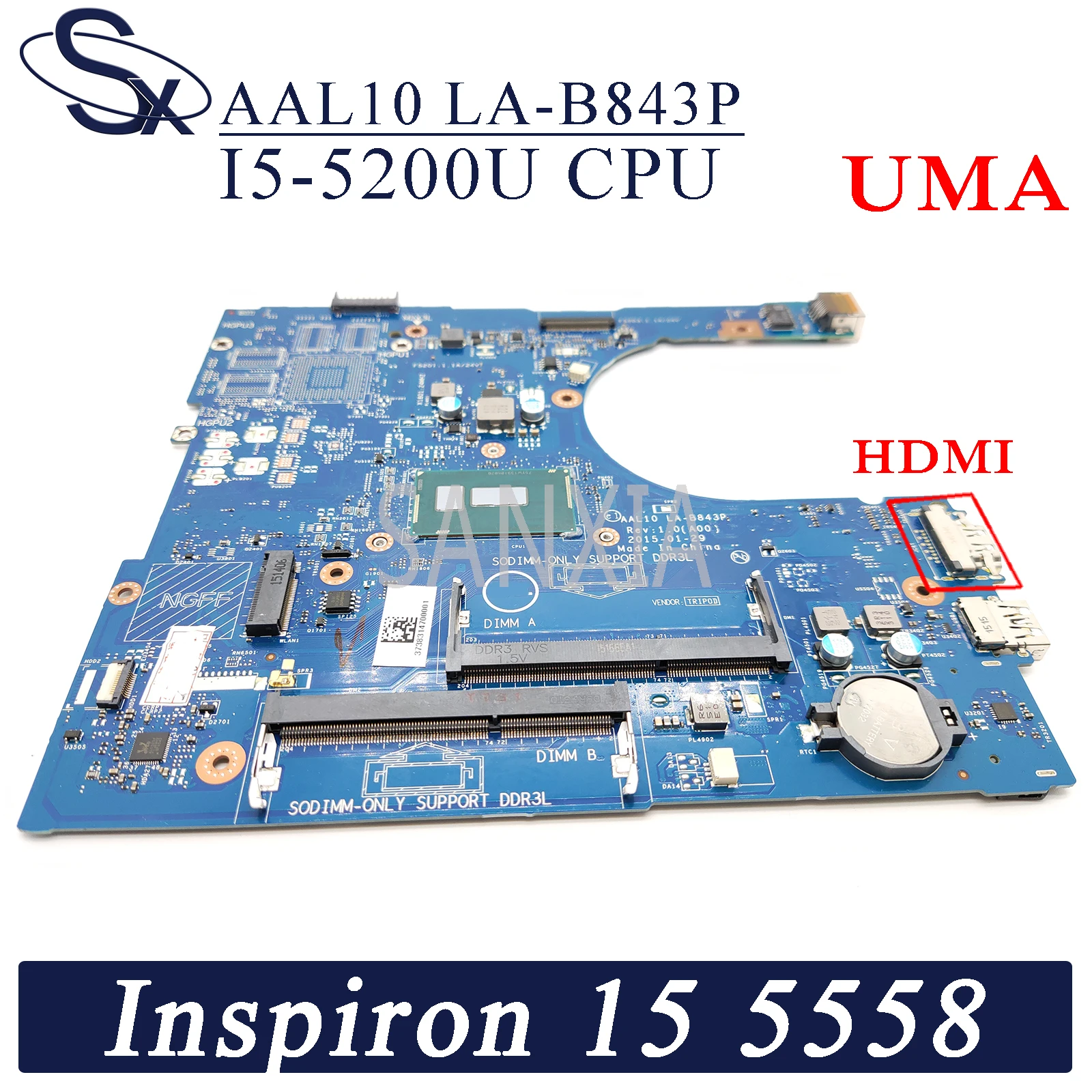 

KEFU AAL10 LA-B843P Laptop motherboard for Dell Inspiron 15-5558 14-5458 17-5758 original mainboard I5-5200U UMA