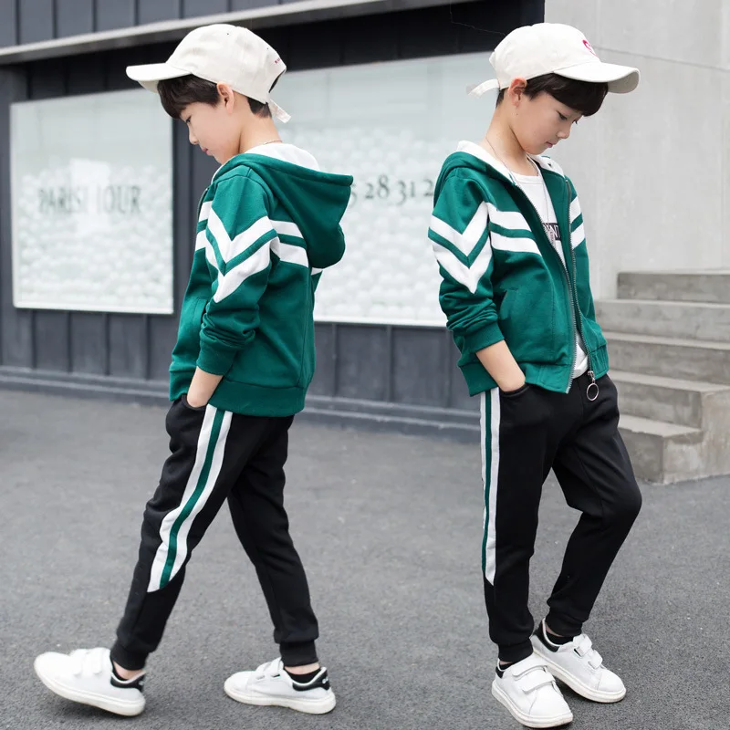Spring Autumn Casual Teenage Boys Sport Wear 3 Piece Sets Hooded Striped Jackets+Pullovers+Sweatpants Kids Tracksuit 4-15T | Детская
