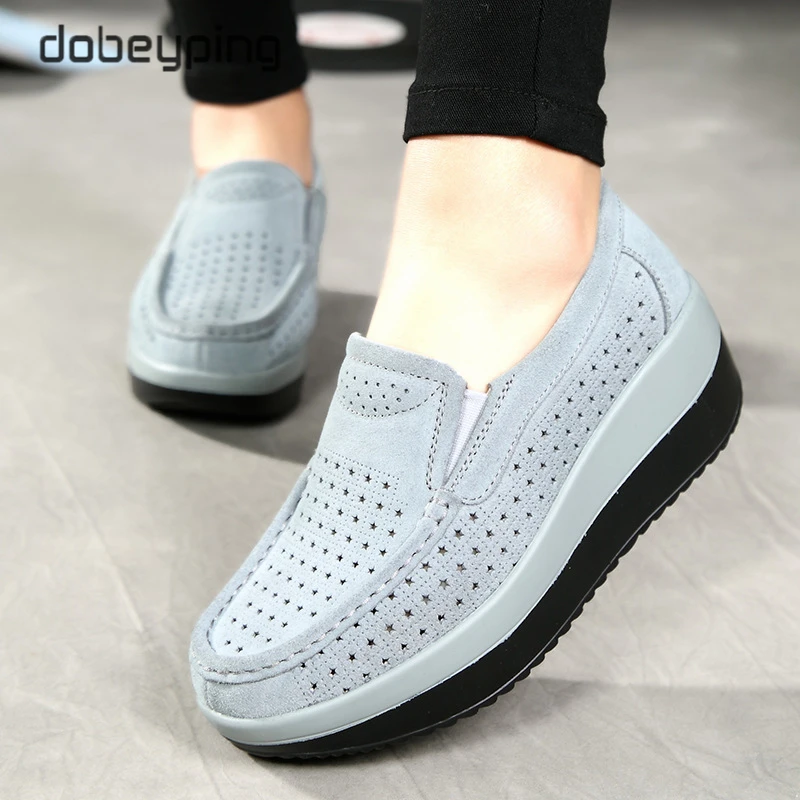 Breathable Summer Women's Shoes Flat Platform Ladies Sneakers Female Hollows Cow Suede Leather Woman Loafers Wedges Slip On Shoe