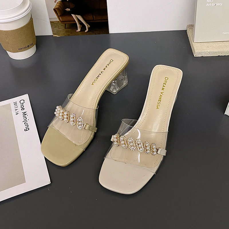 

Square heel Shoes Slippers Casual Med Women Heels Jelly Slides Pantofle Block Luxury High Summer Transparent 2021 Rubber Rome PU