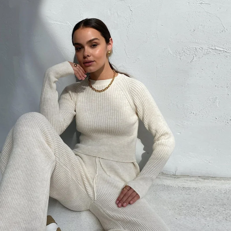 

Spring Autumn Clothes Two Piece Set Women's Clothing Slim Full Sleeve O-Neck Top Wide Leg Pants Solid Casual Sweater Outfits