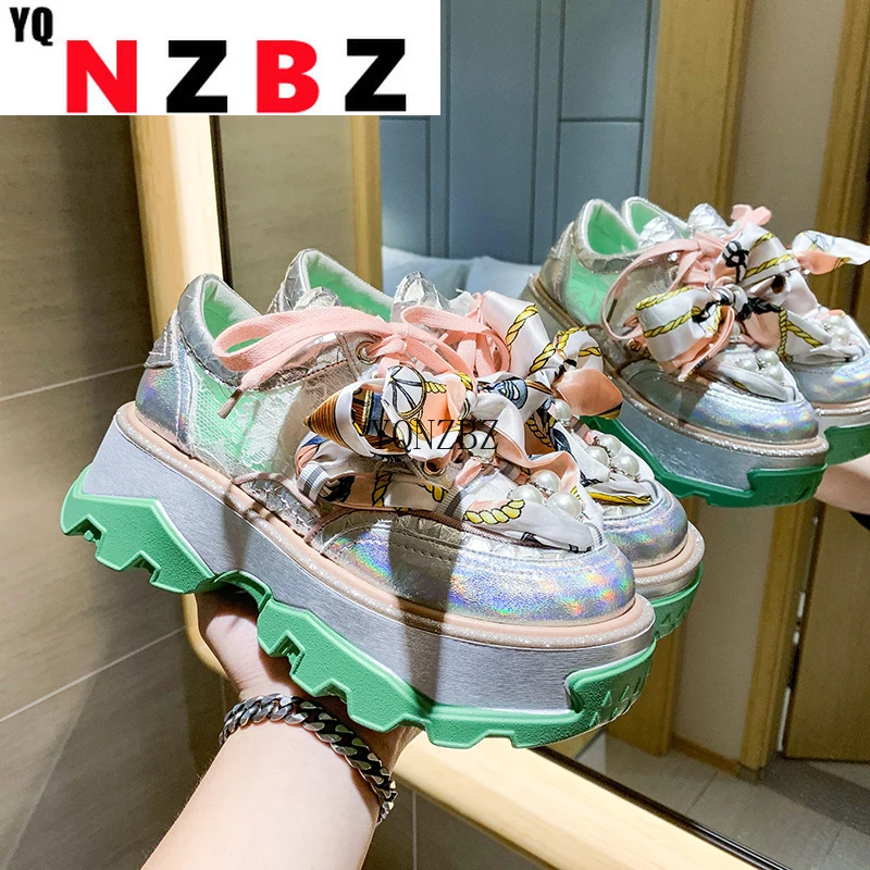 

Женские массивные кроссовки на платформе, роскошные модные дизайнерские шелковые кроссовки с жемчугом и толстой подошвой, дышащие кроссов...