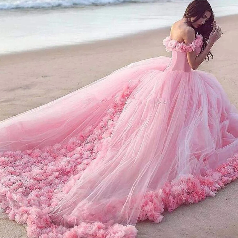 

Pink Gorgeous Ball GownLong Luxury 2021 3D Flowers Princess Corset Tulle Sparkles Sweet Evening Dresses Vestido De Debutante