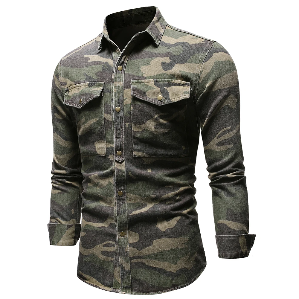 Tactical Combat Shirt Men Cotton Military Camouflage Shirt Clothes Camo Long Sleeve Denim Jeans Shirt