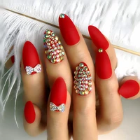24pcs luxury fake nails designer long red matte light french jewelry press on nails natural stiletto ab stones decoration tips