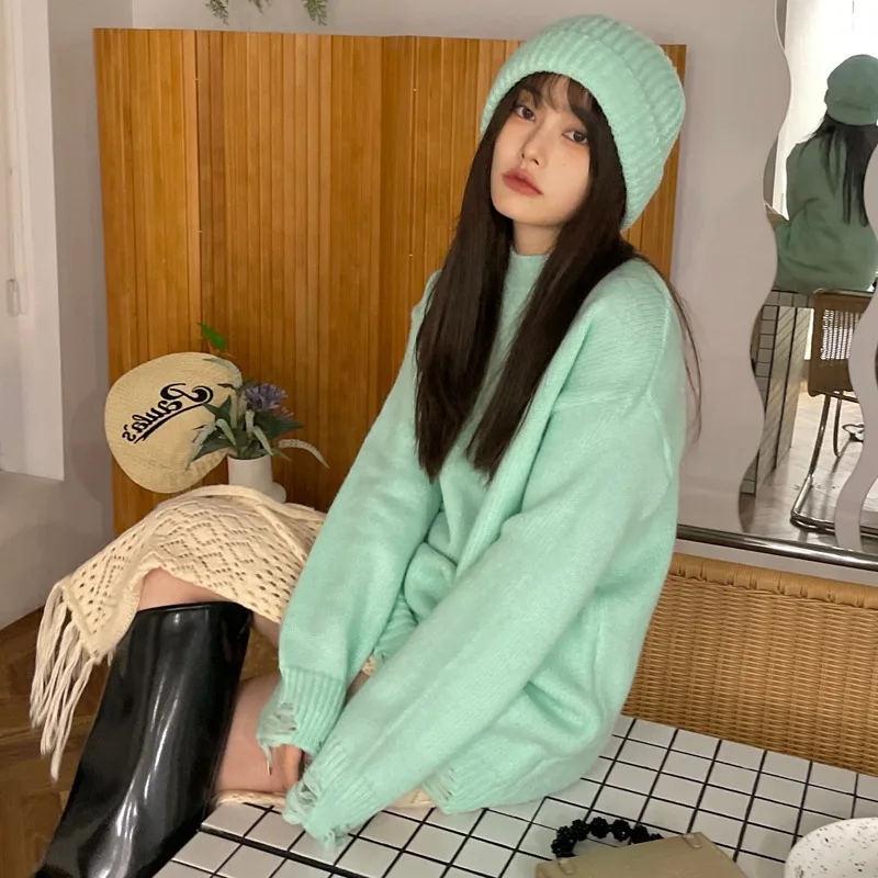 

womens knitted Sweater Autumn and winter loose korean style female Sweaters and pullovers womens 2022+hat (C09911)