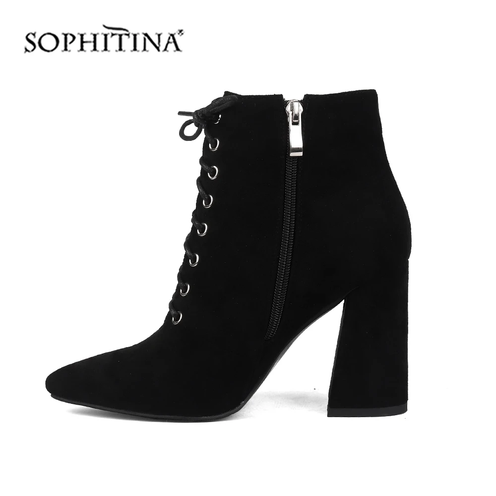 SOPHITINA/модные ботинки на шнуровке; удобная пикантная женская обувь ручной работы на молнии с острым носком на квадратном каблуке; Новые ботильоны; BY137