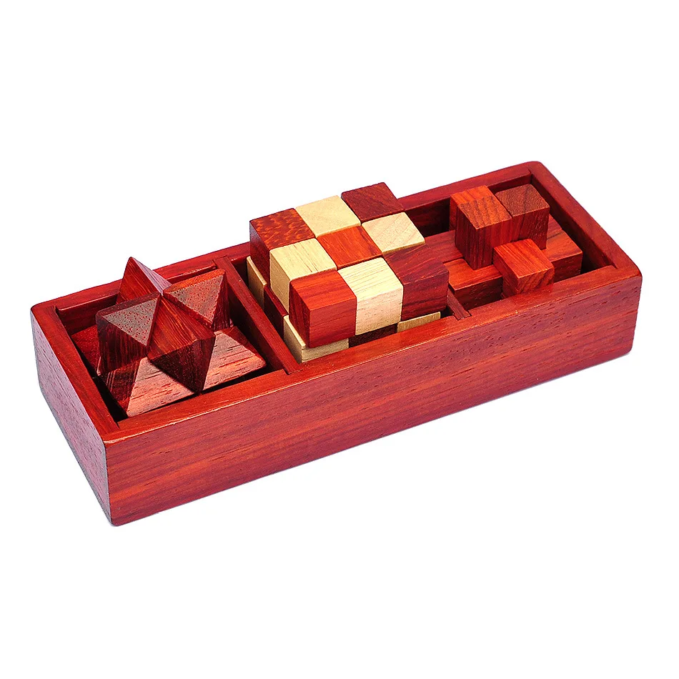 

3PCS per Set Vintage Style Wood Box Packed IQ Wooden Brain Teaser Puzzles Game Toys for Adults Kids