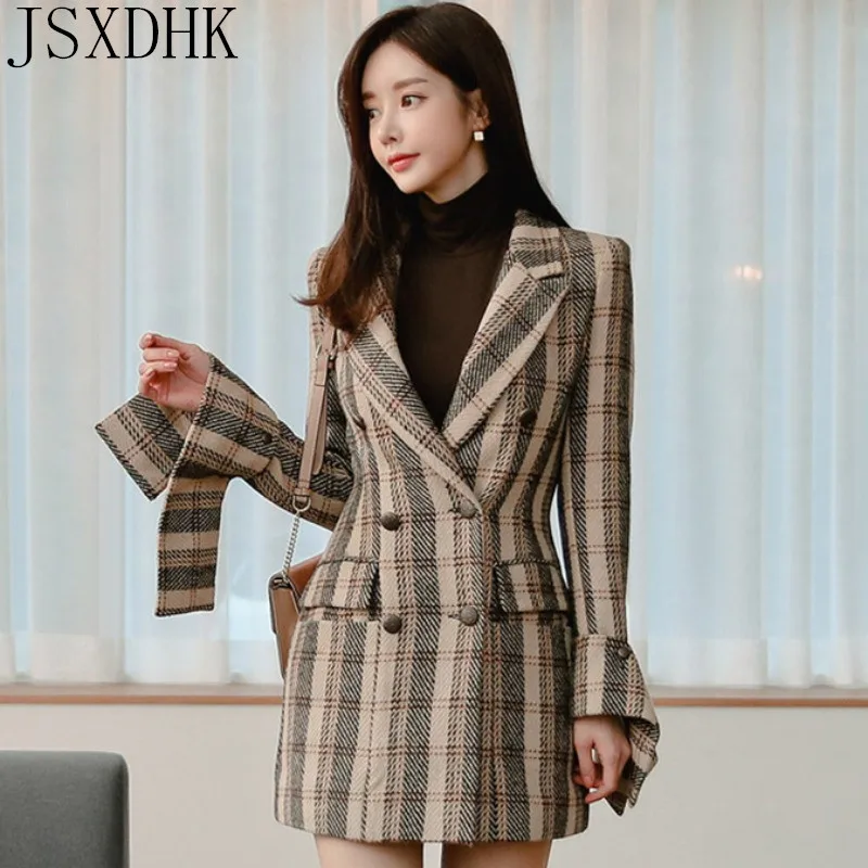 Модный двубортный клетчатый Блейзер JSXDHK Женский офисный костюм для работы