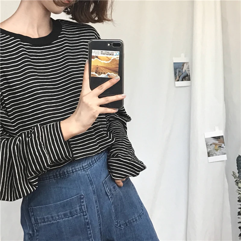 Футболки женские элегантные свободные с рукавом летучая мышь полосатые футболки