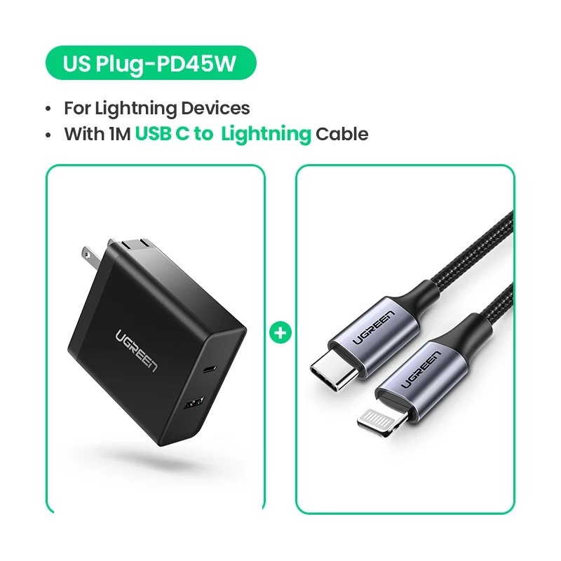 US Add C-Lightning Ugreen USB зарядное устройство PD 45 Вт быстрое зарядное устройство для iPhone X 8 Быстрая зарядка 3,0 для телефона Xiaomi зарядное устройство для MacBook Pro nintendo Switch - Тип штекера: US Add C-Lightning