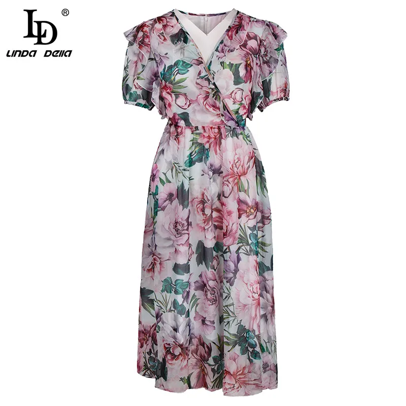 

LD LINDA DELLA New 2021 Fashion Designer Summer Chiffon Dress Women's V-neck Ruffles Floral print Elegant Vacation Midi Dress