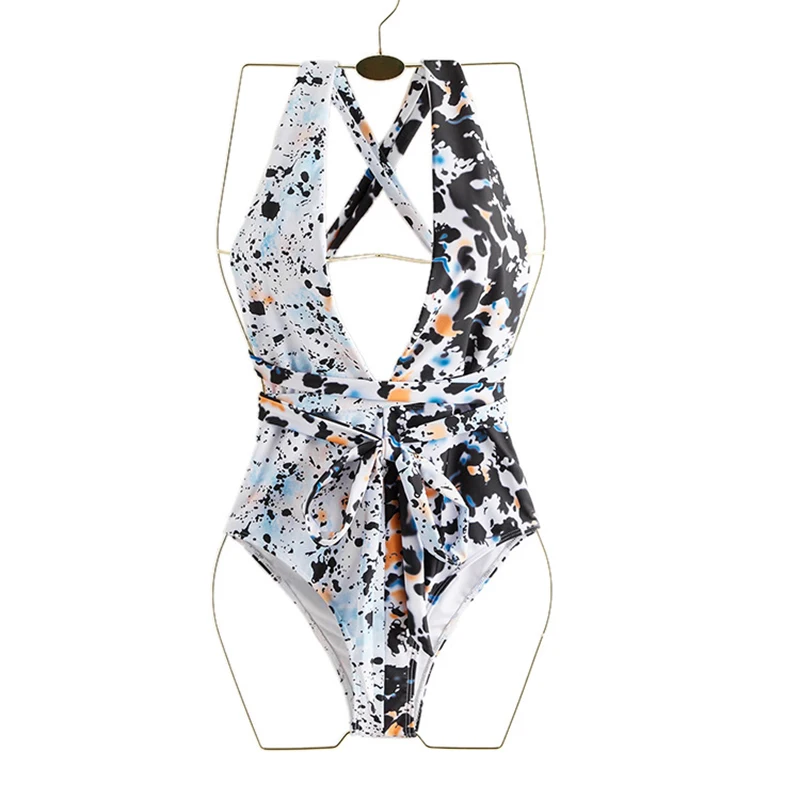 

Deep V Neck One Piece Swimsuit 2021 New Monokini Backless Patchwork Bathing Suit Beach Bandage Swimwear Women Leopard Bodysuit