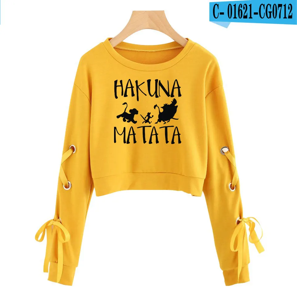 Yellow Одежда с рукавами «Король Лев» хакуна матата, ажурные толстовки с капюшоном и бантиком, Женская хлопковая толстовка, сексуальный укороченный топ, одежда - Цвет: Yellow