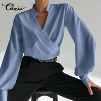 celmia elegant blouse 2021 autumn women sexy v neck long lantern sleeve shirts solid casual irregular hem top tunic blusas femme