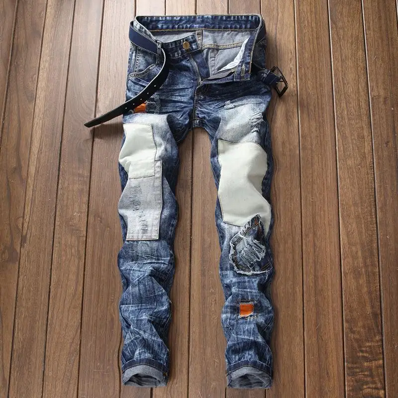 

Men's Fashion Casual Jeans Vintage Denim Long Pants Motorcycle Zipper Wrinkle Multi-pocket Trousers