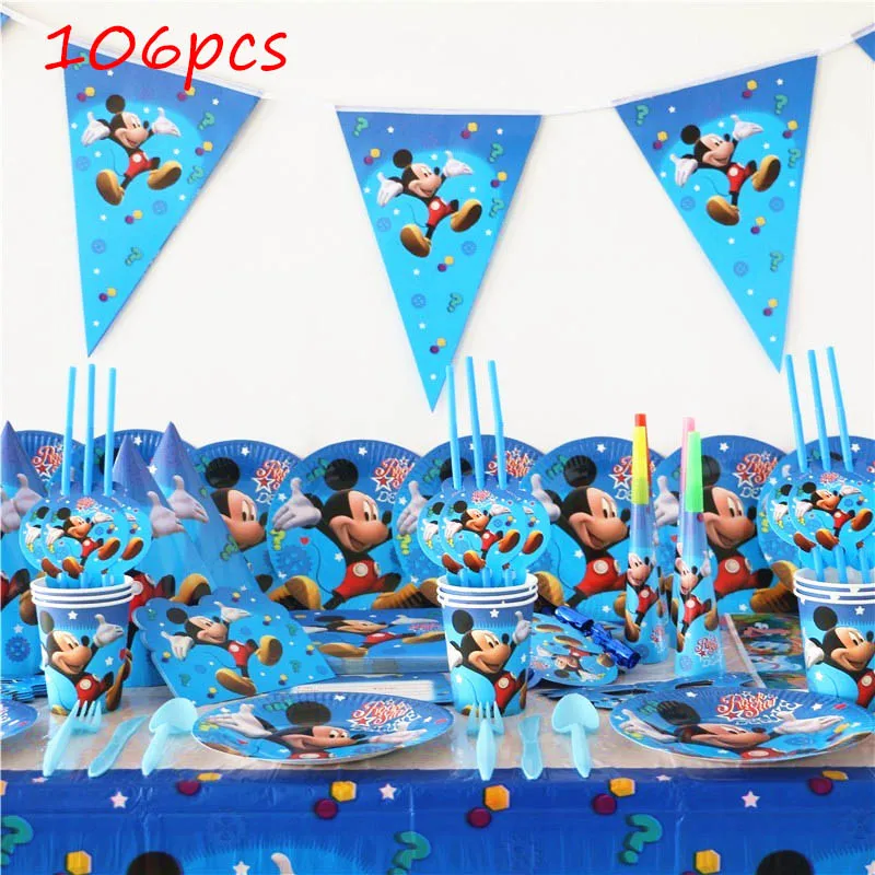 

106pcs/lot Mickey Mouse Cartoon Disposable Tableware Sets Kids Birthday Party Decorations Flags Hats Noisemaker Blowout Supplies