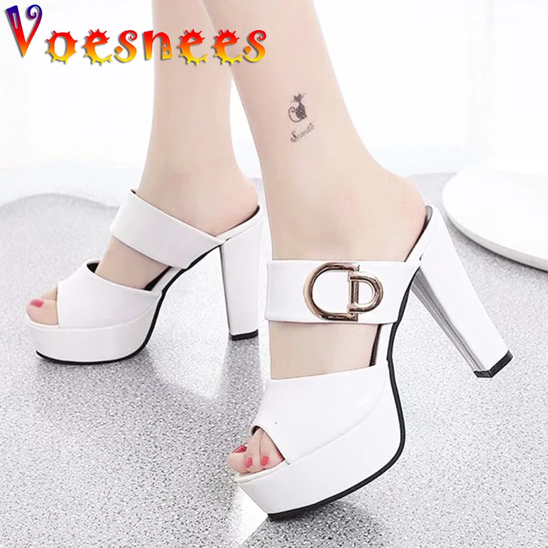 

New Metal Button Decoration Sandals Solid Color Chunky Heels Slippers Summer Waterproof One Word Peep Toe Nightclub Women Shoes