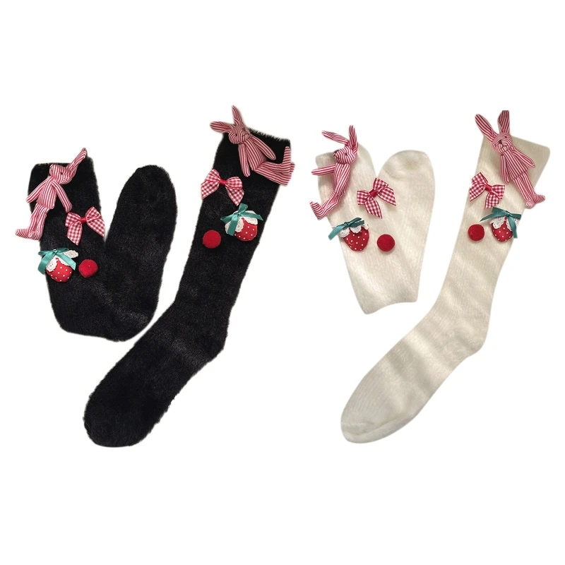 

Women Furry Plush Calf Socks Lolita 3D Stuffed Rabbit Strawberry Bow Stockings L5YB