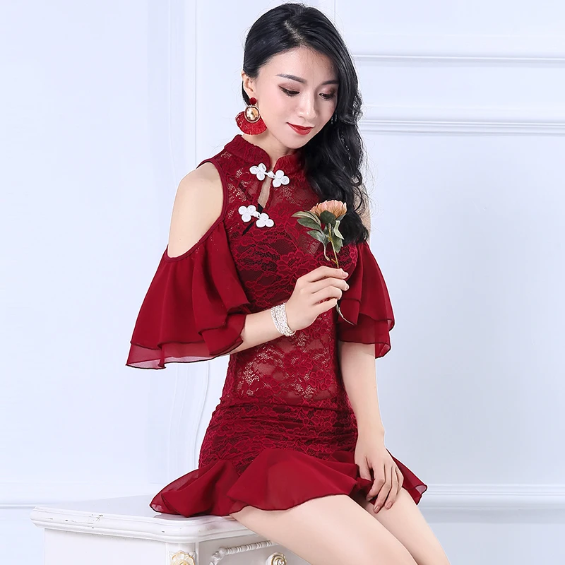 

Belly Dance Costume women training practise set group performance clothes lace cheongsam skirt collar sexy one piece dress suit