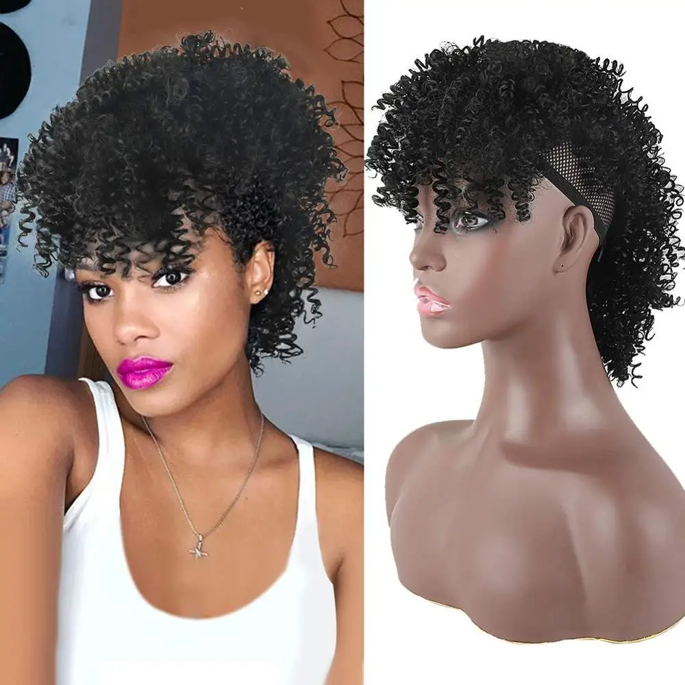 

Synthetic High Puff Ponytail With Bangs Afro Short Kinky Curly Middle-Part Wig Clips in Hair Extension African American Mohawk