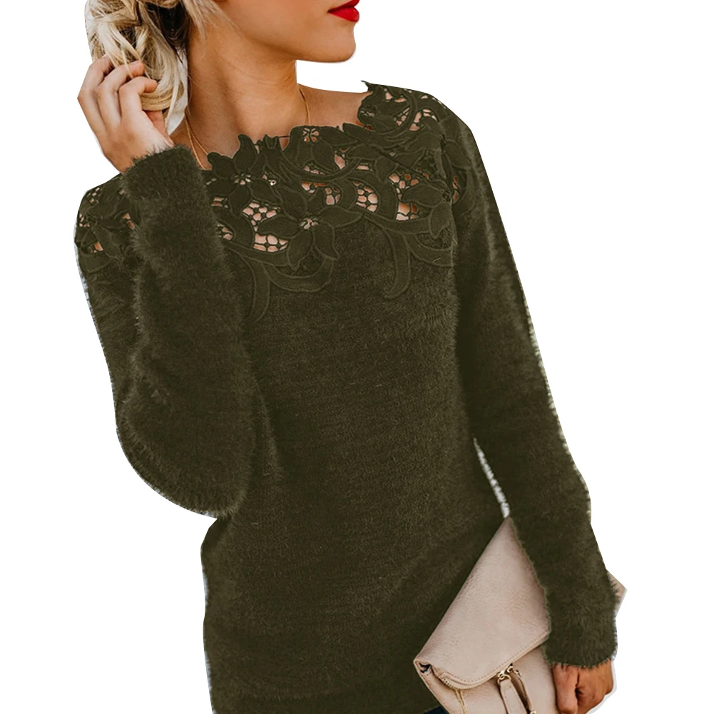 Женский однотонный пуловер с длинным рукавом и круглым вырезом|Футболки-поло| |