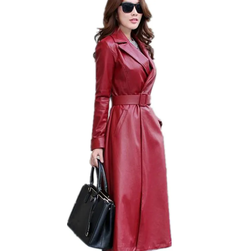 

Women Elegant Pu Single-Button Waistband Long Leather Jacket Fashion Lady Overcoat Plus Velvet Leather Jacket Female TT3236