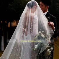 new tulle one layer bridal veil with pearls 150cm wedding veils of bride 2021 fashion wedding accessories