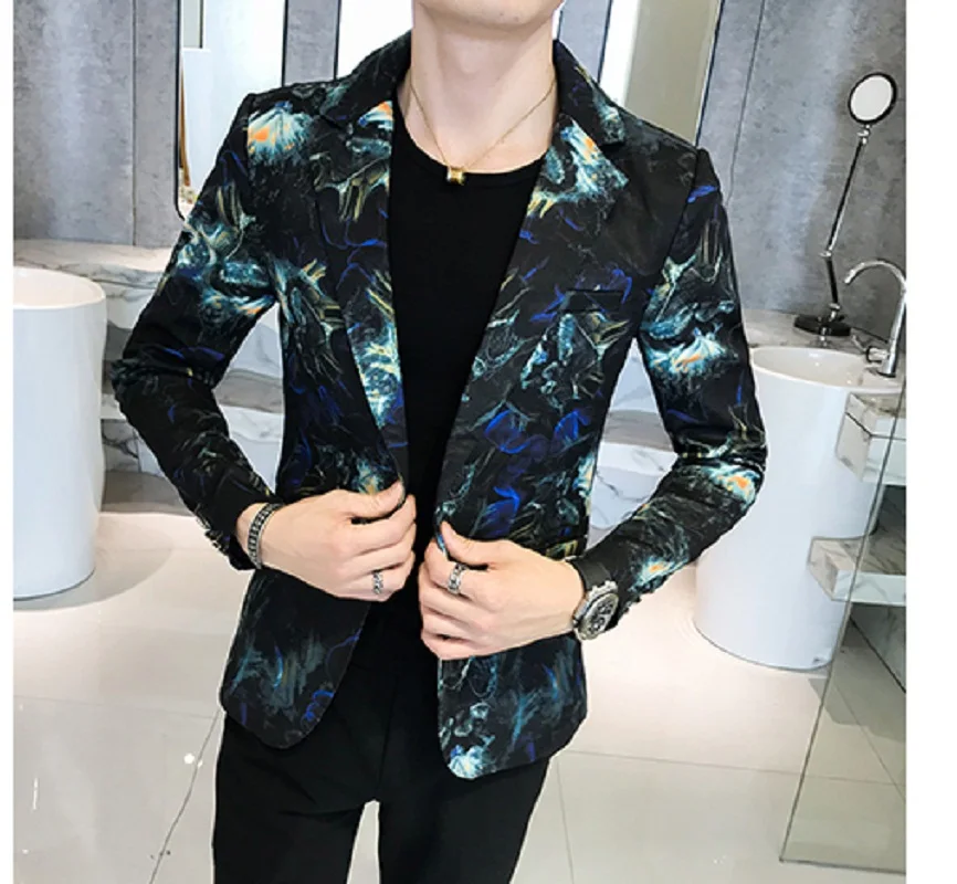 Мужской облегающий Блейзер на одной пуговице с принтом огня|Пиджаки| |