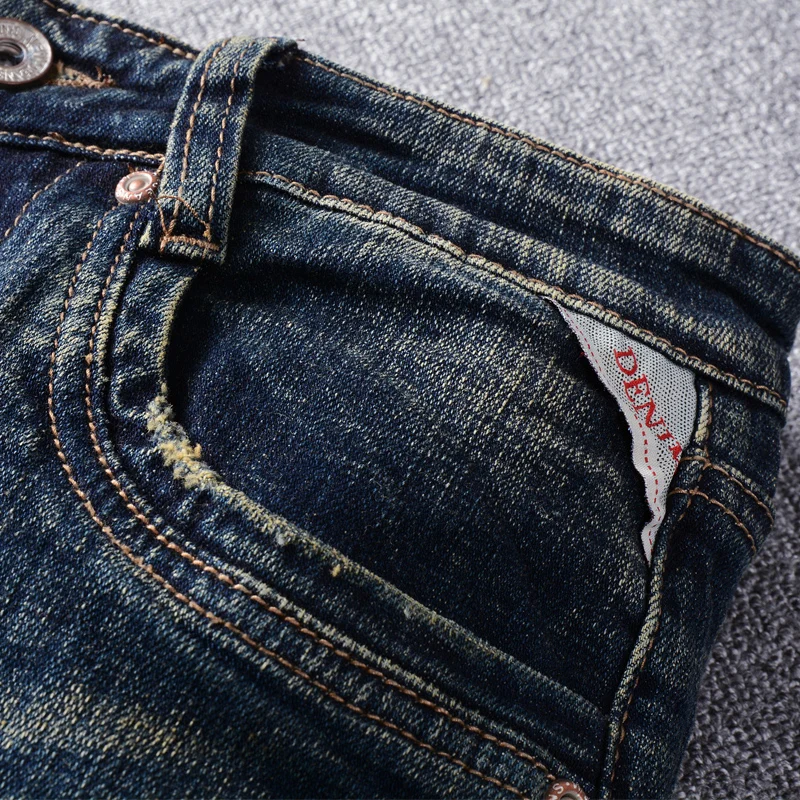 European Vintage Fashion Men Jeans Elastic Slim Fit Destroyed Ripped Jeans Men Retro Blue Embroidery Designer Cotton Denim Pants