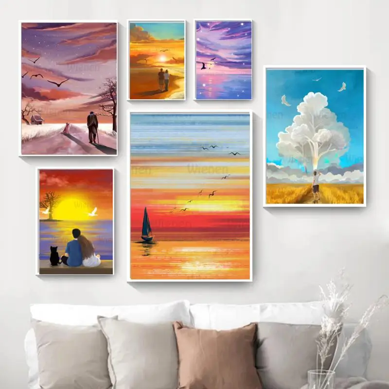 

Beautiful Landscape Sky Sunset Figures Oil Painting Canvas HD Prints Nordic Poster Wall Art Bedroom Living Room Decor Home Decor