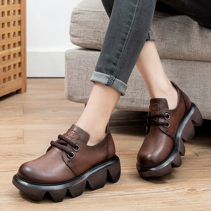 

YourSeason Ladies Spring Autumn Genuine Leather Lace Up Vintage Shoes Leisure Round Toe Handmade Women Platform Heels Pumps