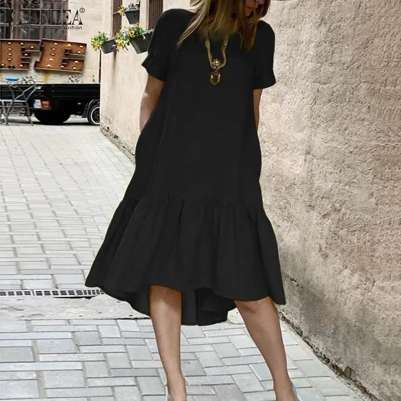 

2021 Summer Irregular Midi Dress Women Elegant Ruffle Dresses ZANZEA Solid Cotton Vestido Casual Short Sleeve Loose Sundress