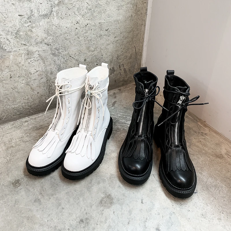 Белые мотоциклетные ботинки военные Ботильоны на каблуке 4 см с круглым носком и